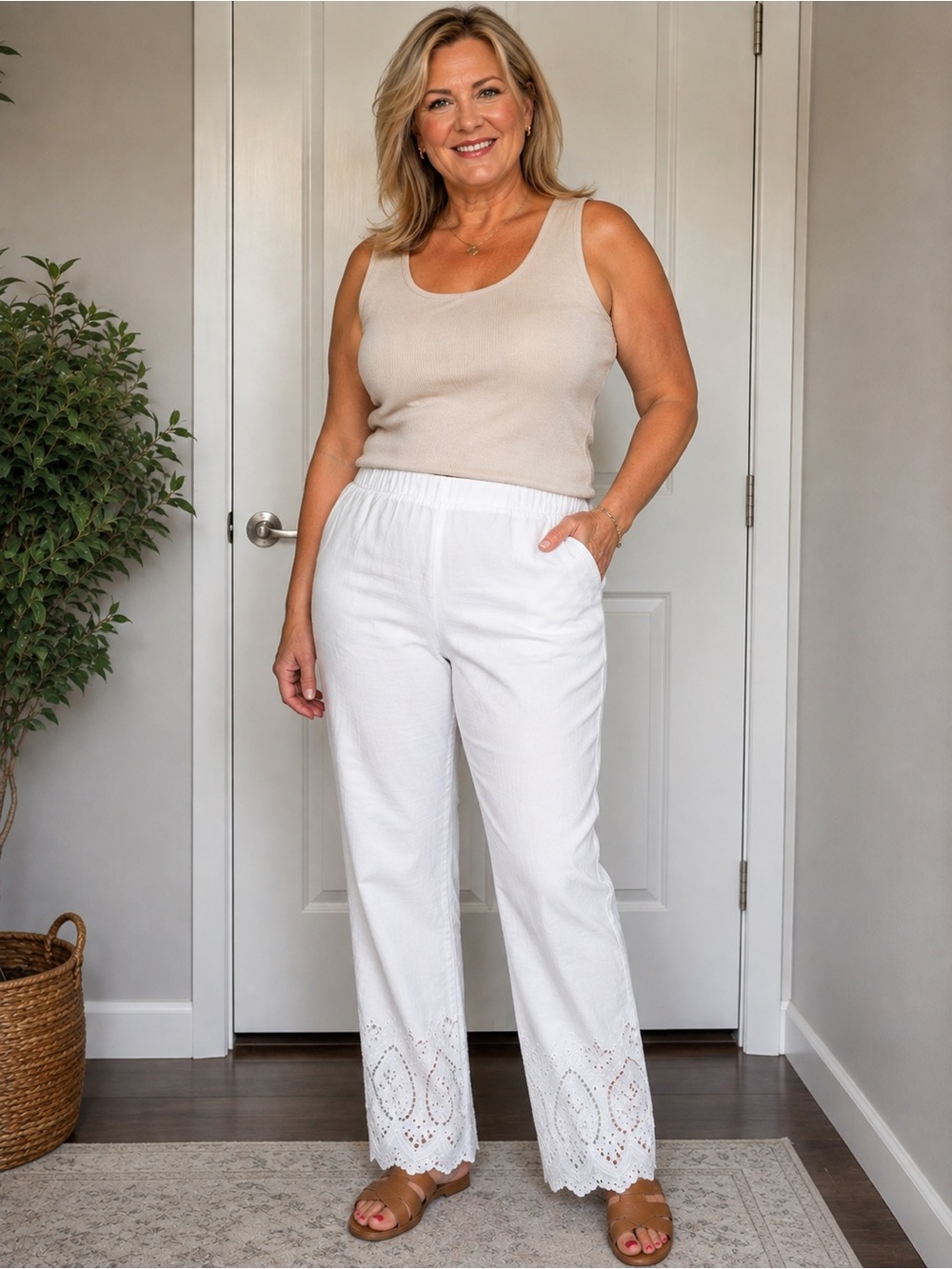Women’s White Eyelet Wide-Leg Pull-On Pants
